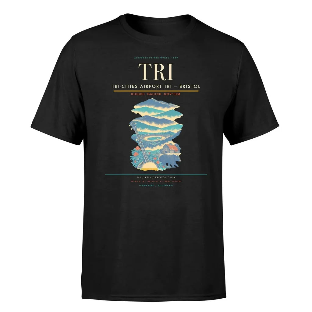 Tri-Cities Airport (TRI) T-Shirt single-side front print in Black | tri-cities-airport-tri-double-side-t-shirt