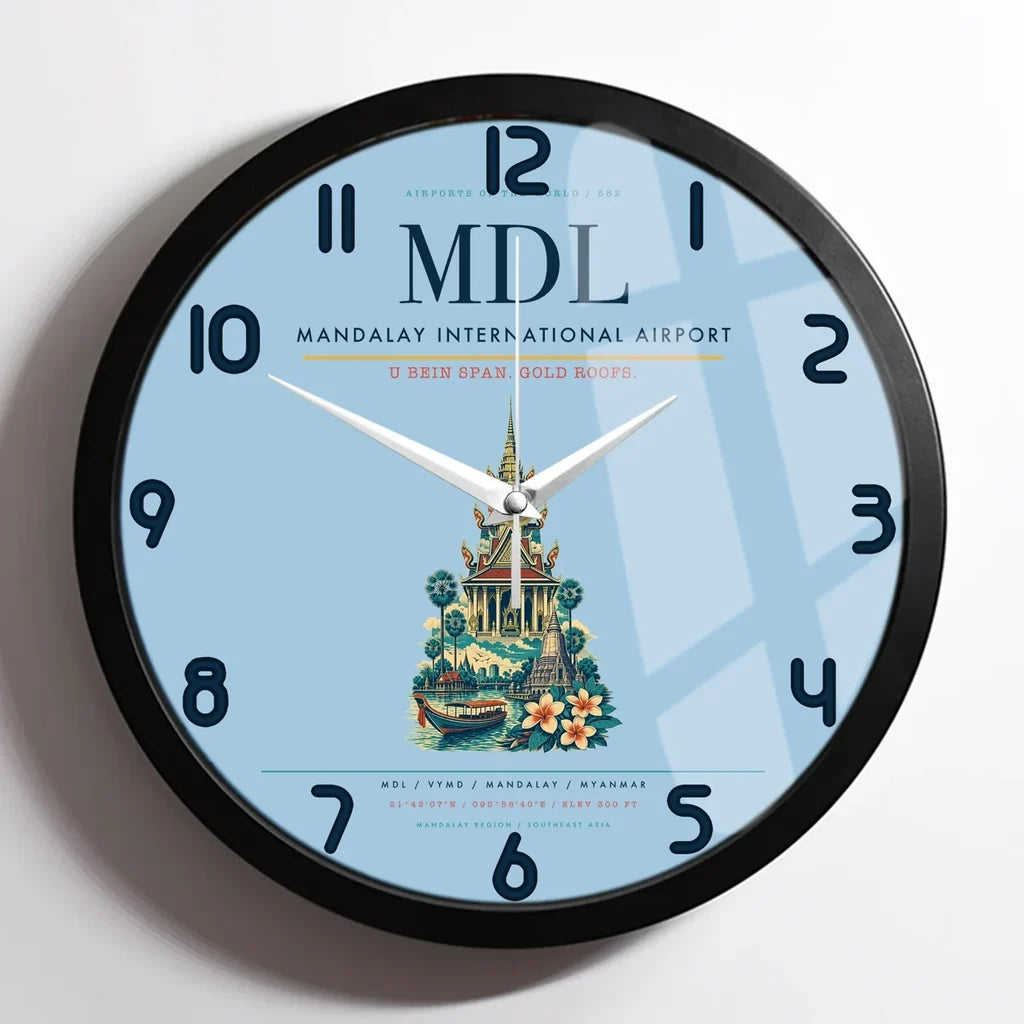 Mandalay International Airport (MDL) design on light blue framed wall clock