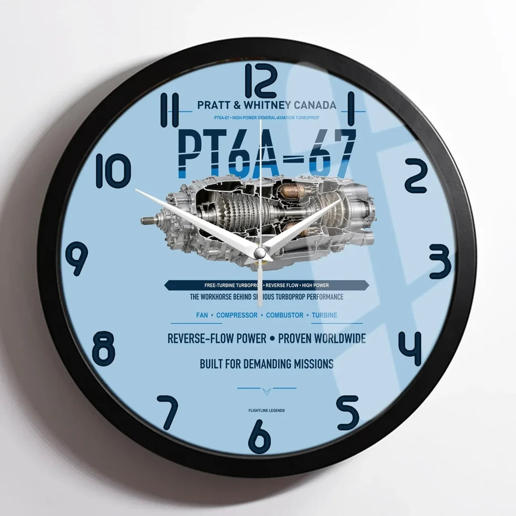 PT6A-67 design on light blue framed wall clock