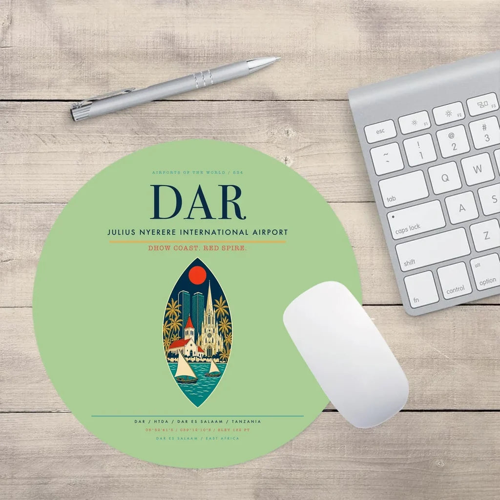 Julius Nyerere International Airport (DAR) design on light green round mouse pad