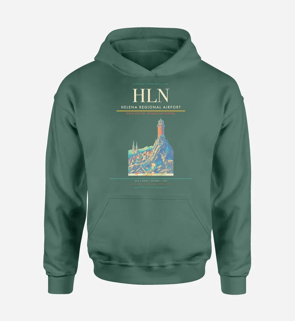 Helena Regional Airport (HLN) design on green hoodie single-side print