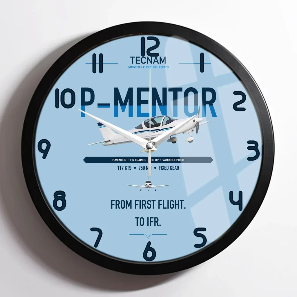 Tecnam P-Mentor design on light blue framed wall clock