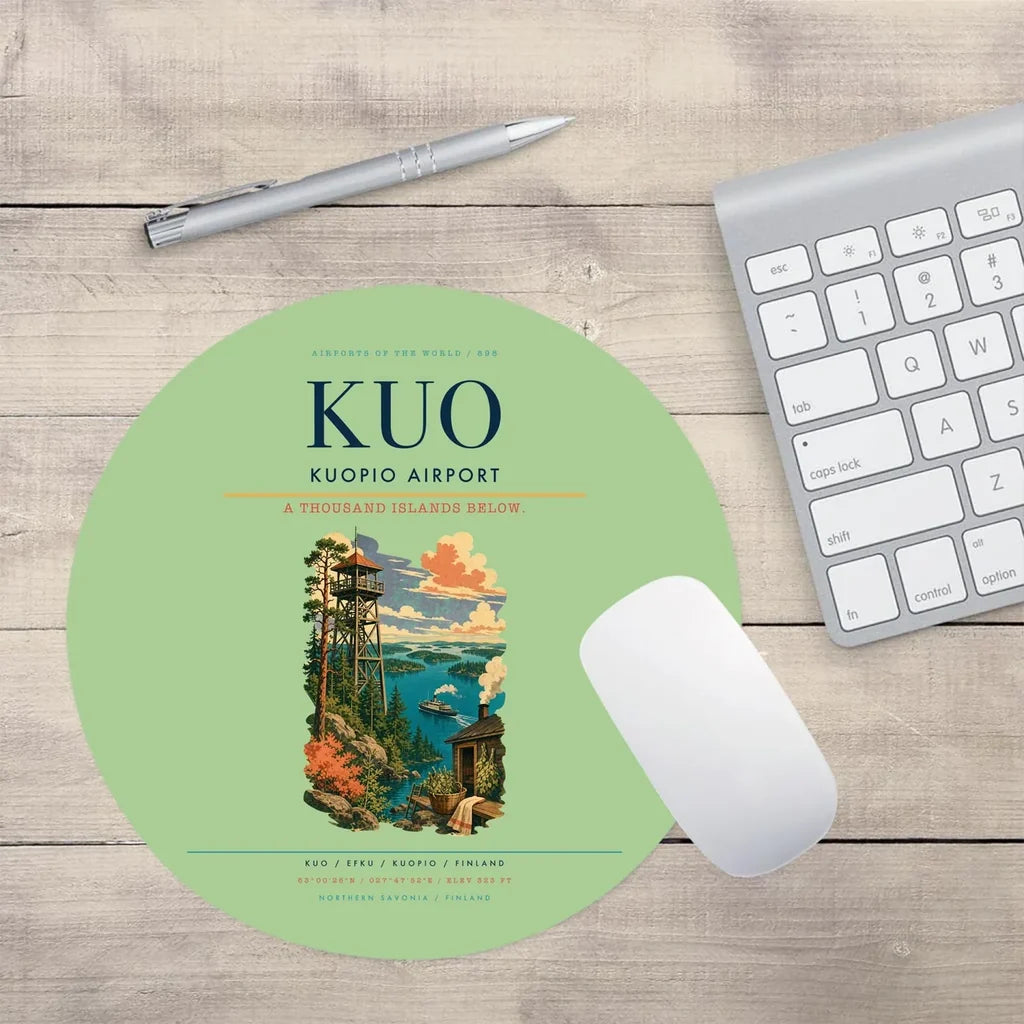 Kuopio Airport (KUO) design on light green round mouse pad