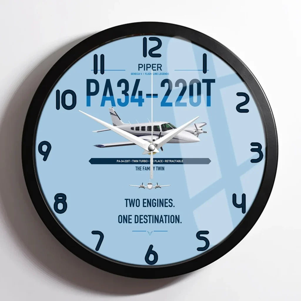 Piper PA-34-220T Seneca V design on light blue framed wall clock