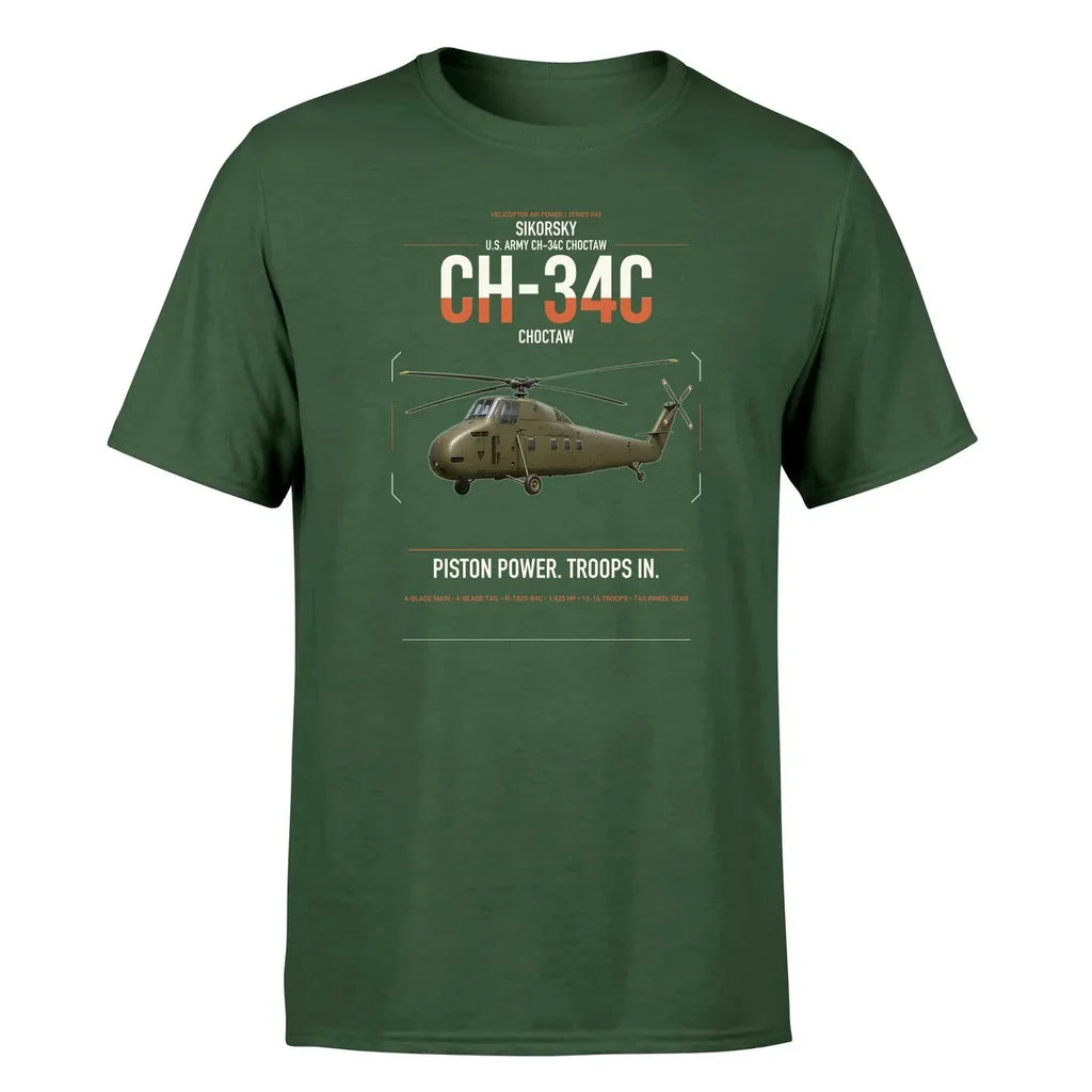 Sikorsky CH-34C Choctaw design on dark green t-shirt, single-side print