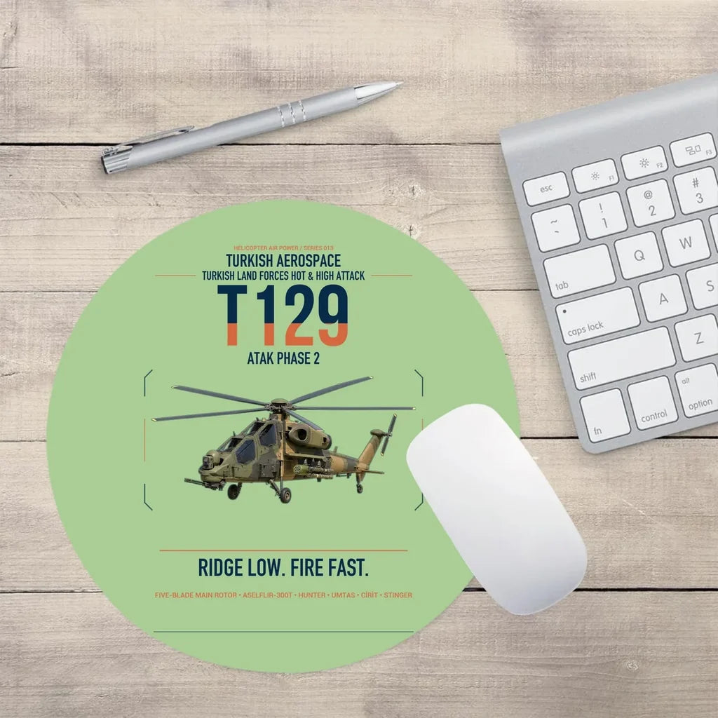Turkish Aerospace T129 ATAK Phase 2 design on light green round mouse pad