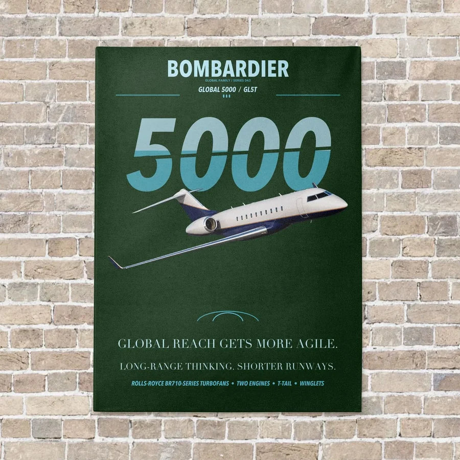 Bombardier Global 5000 vertical canvas print - no frame - dark green background