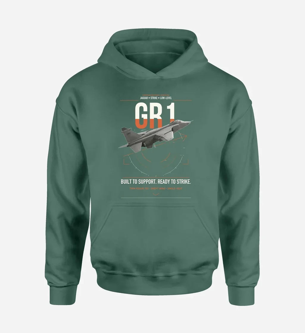 SEPECAT Jaguar GR1 design on green double-side hoodie, single-side print
