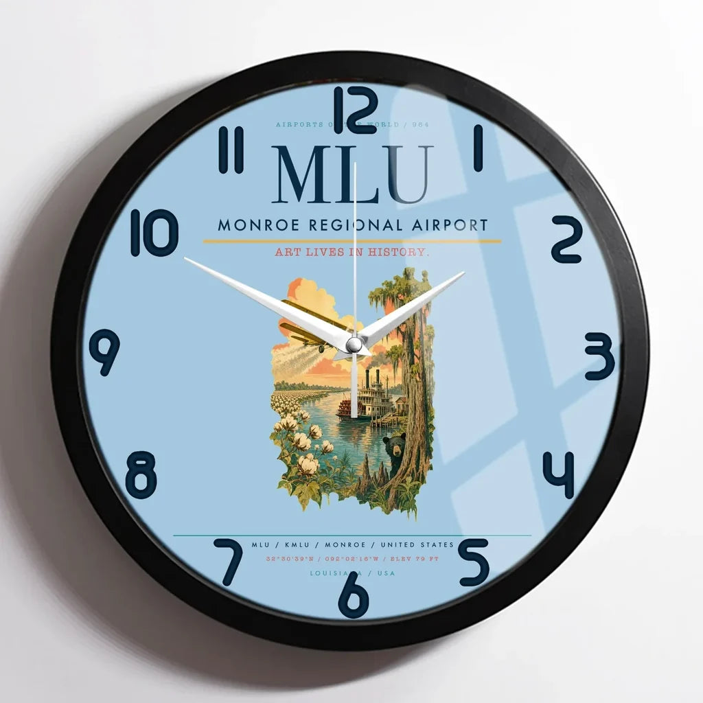 Monroe Regional Airport (MLU) design on light blue framed wall clock