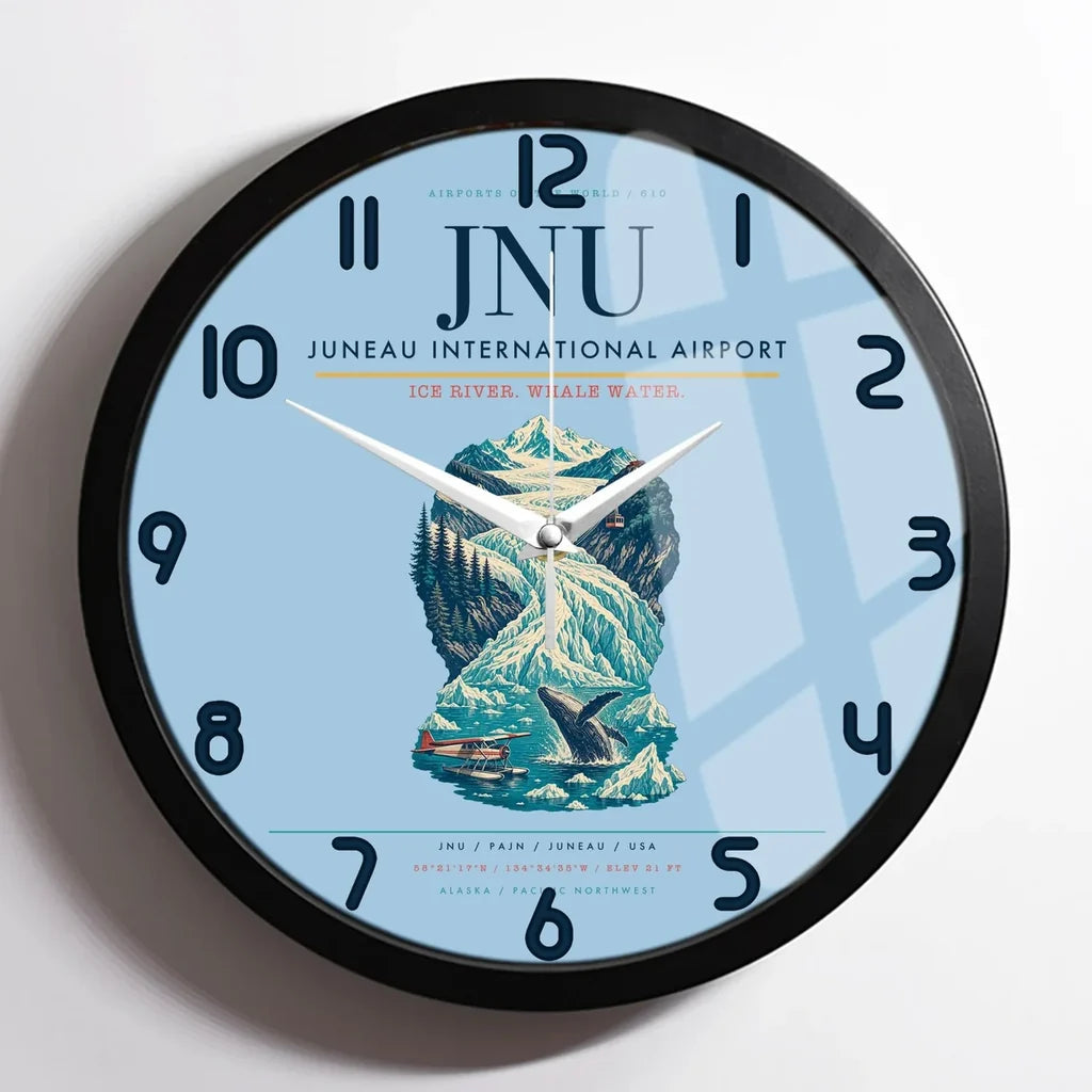 Juneau International Airport (JNU) design on light blue framed wall clock