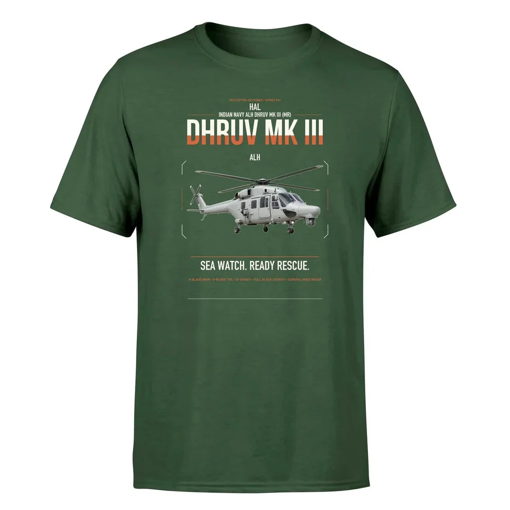 HAL ALH Dhruv Mk III design on dark green t-shirt, single-side print