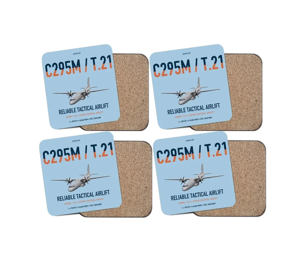 Airbus C295M T.21 design on light blue 4 pieces set coaster