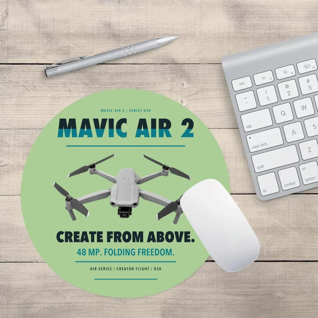DJI Mavic Air 2 design on light green round mouse pad