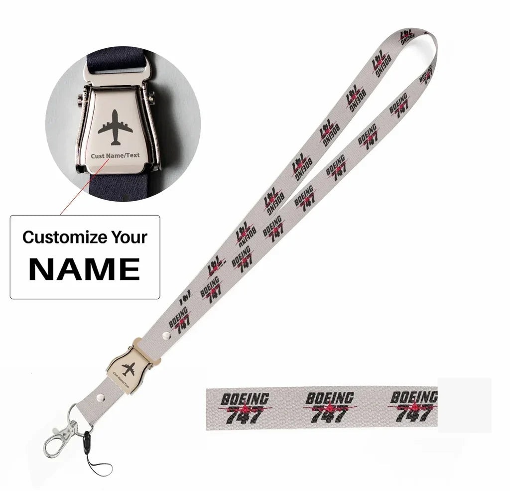 Amazing Boeing 747 seat belt lanyard - light gray with name