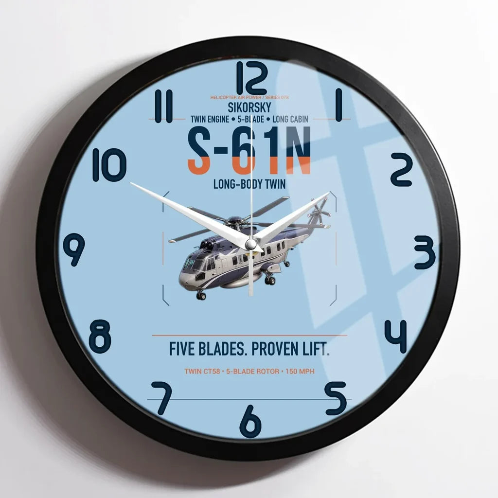 Sikorsky S-61N design on light blue framed wall clock
