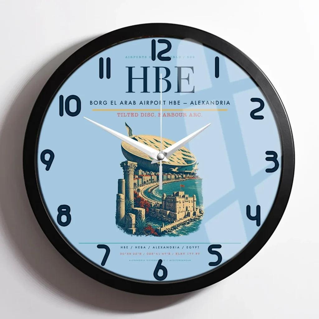Borg El Arab Airport (HBE) design on light blue framed wall clock
