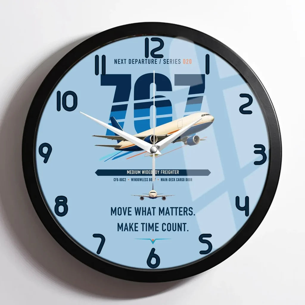 Boeing 767-300F design on light blue framed wall clock