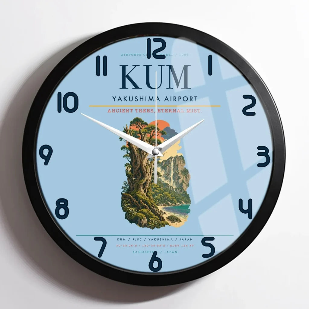 Yakushima Airport (KUM) design on light blue framed wall clock