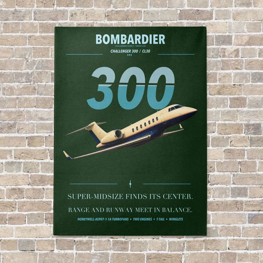 Bombardier Challenger 300 vertical canvas print - no frame - dark green background