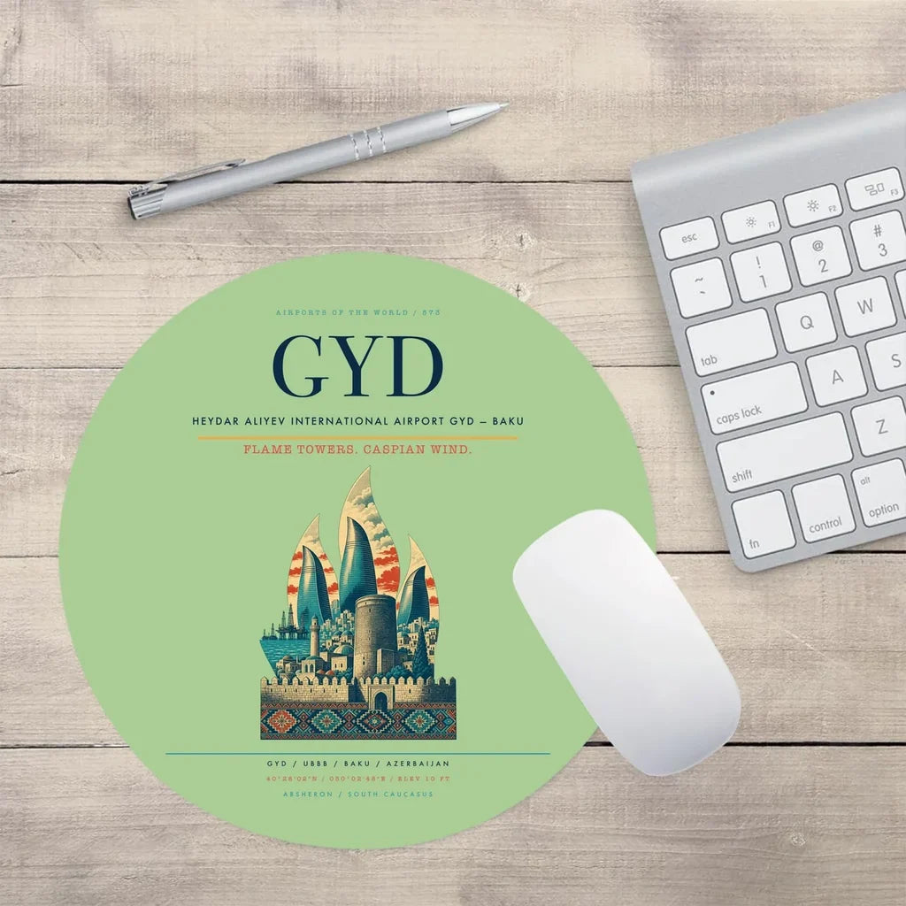 Heydar Aliyev International Airport (GYD) design on light green round mouse pad