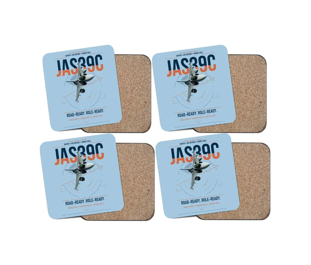 Saab JAS 39C Gripen design on light blue 4 pieces set coaster