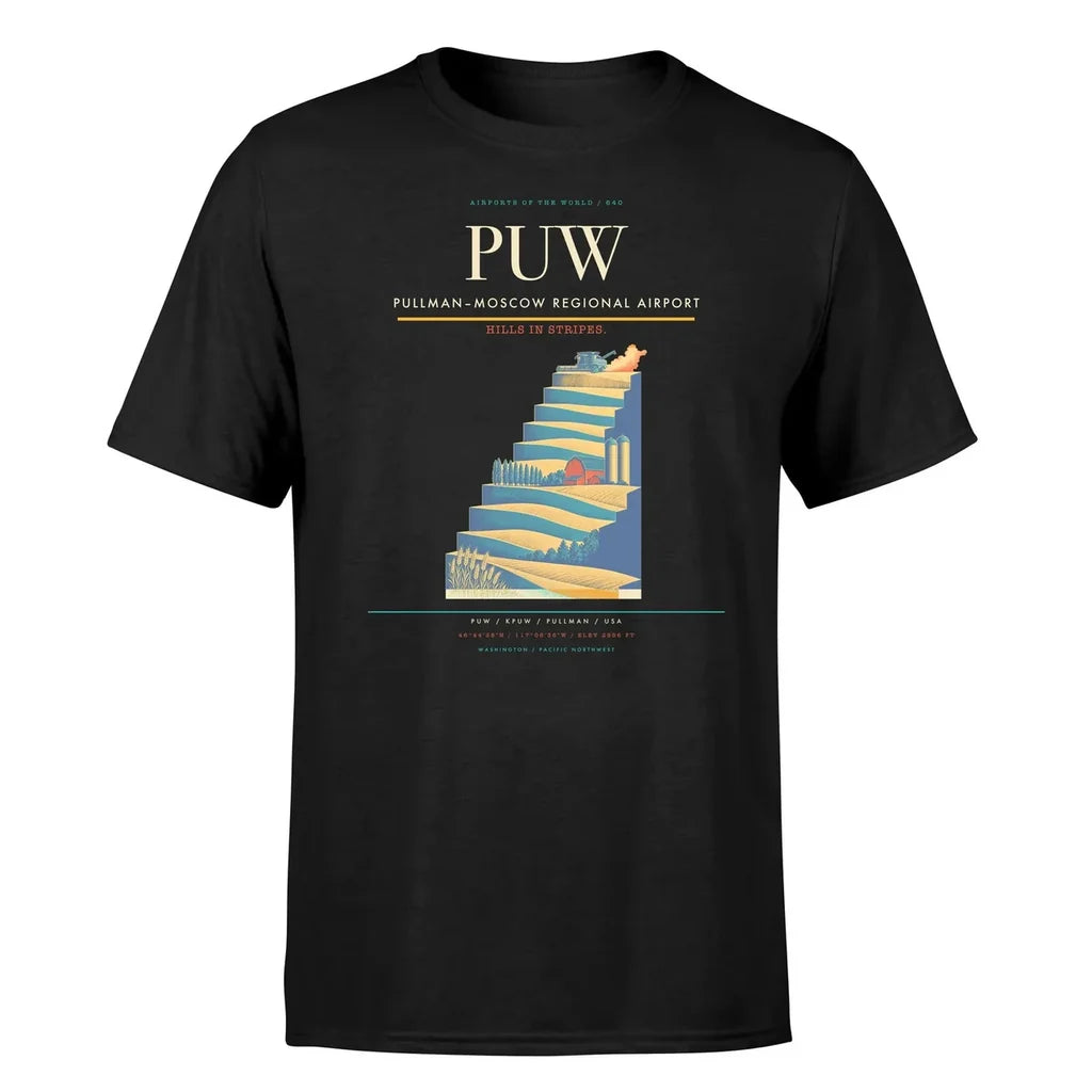 Pullman–Moscow Regional Airport (PUW) T-Shirt single-side front print in Black | pullmanmoscow-regional-airport-puw-double-side-t-shirt