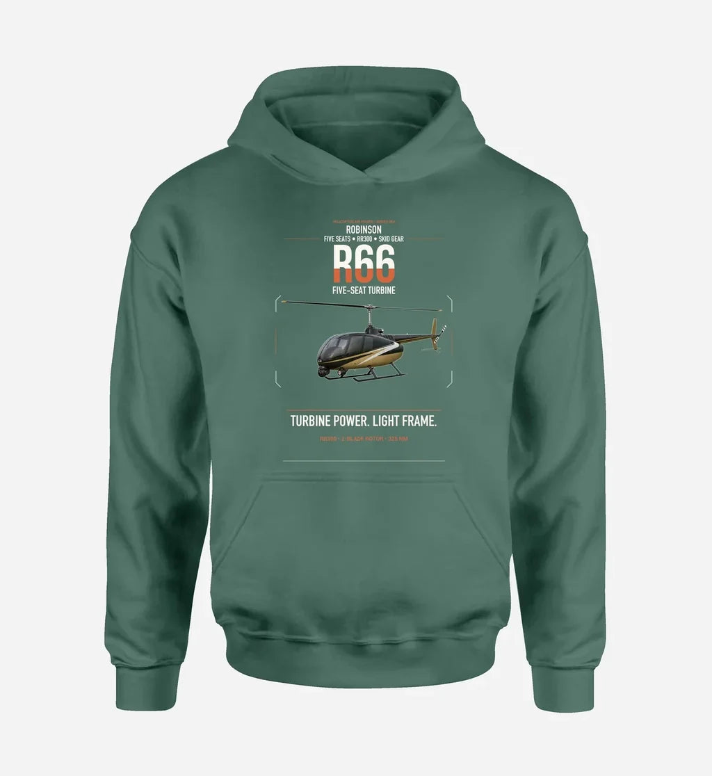 Robinson R66 design on green double-side hoodie, single-side print
