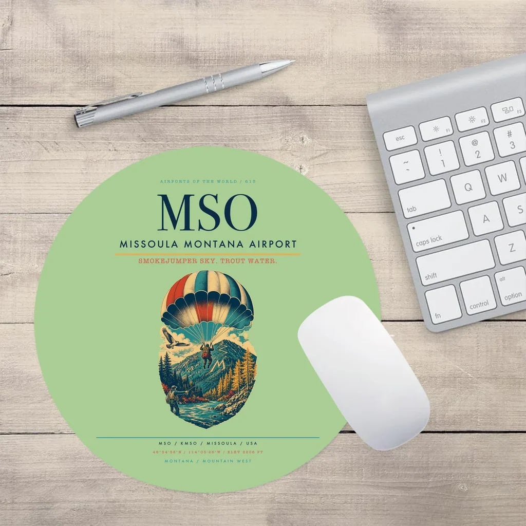 Missoula Montana Airport (MSO) design on light green round mouse pad
