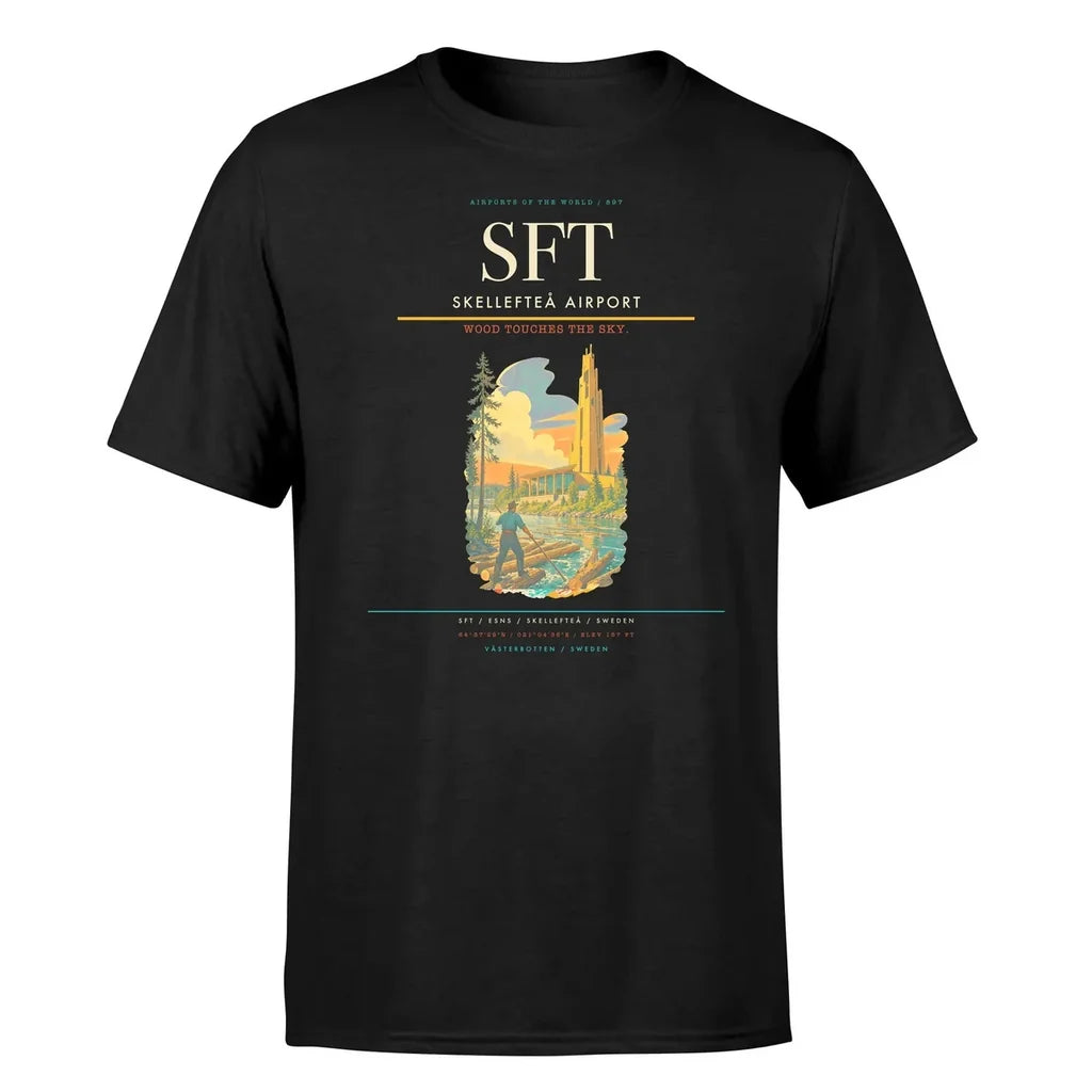 Skellefteå Airport (SFT) T-Shirt single-side front print in Black | skellefteå-airport-sft-double-side-t-shirt