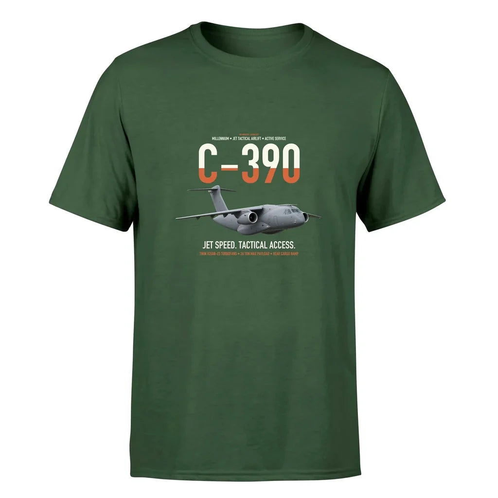 C-390 Millennium design on dark green double-side t-shirt, single-side print