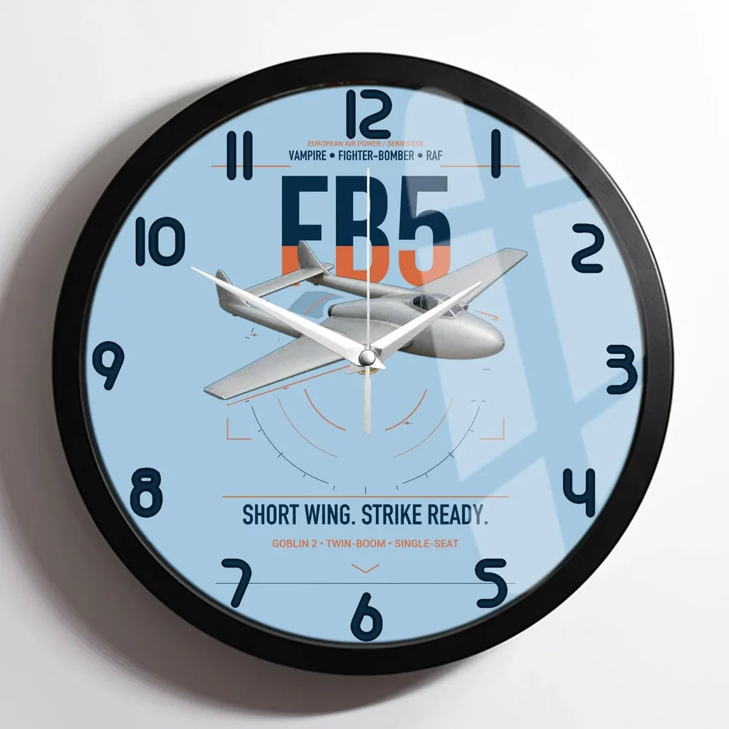 de Havilland Vampire FB5 design on light blue framed wall clock