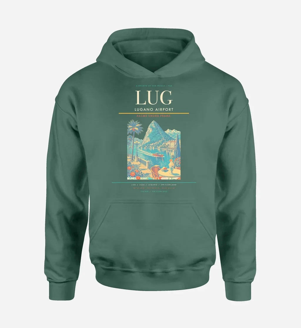 Lugano Airport (LUG) design on green hoodie single-side print