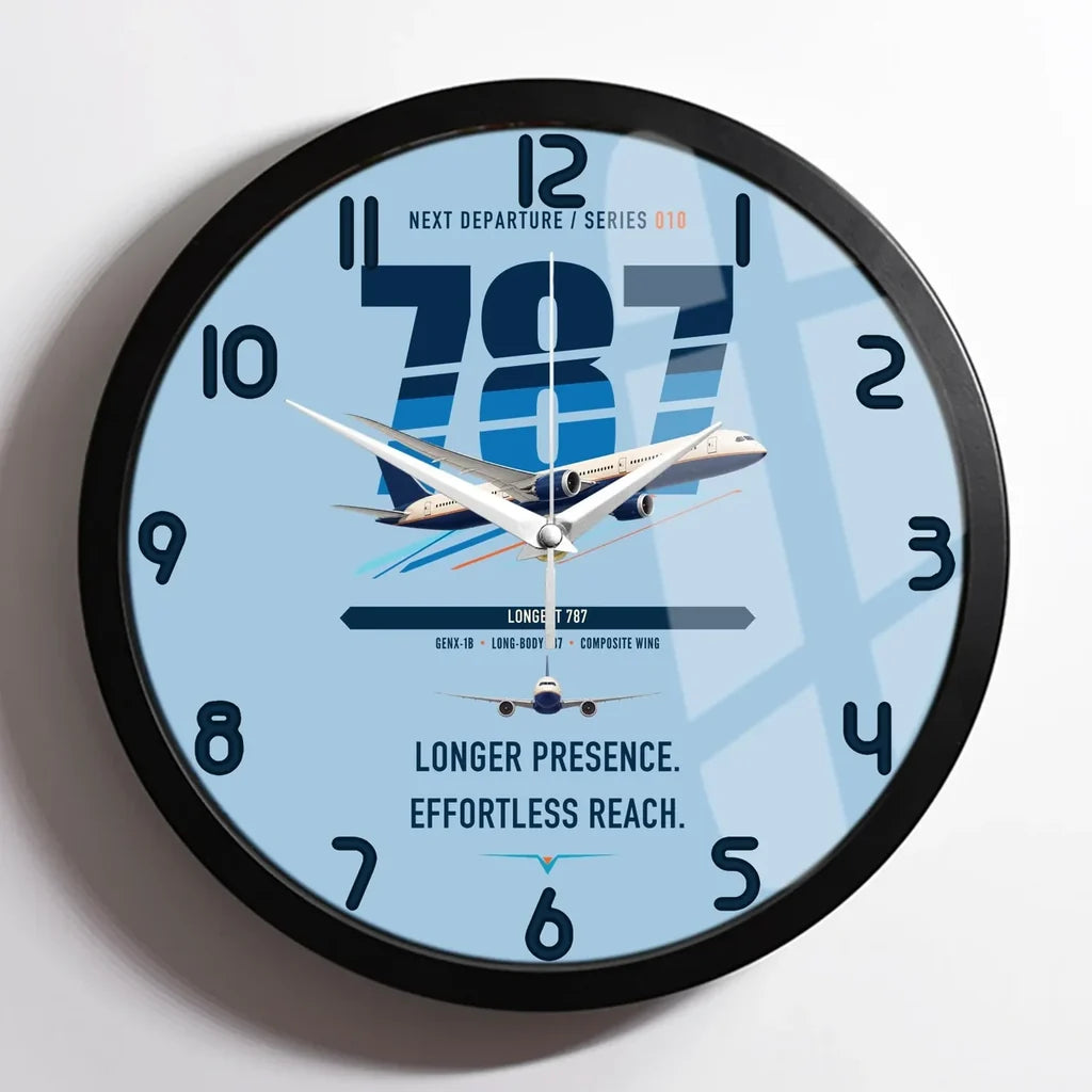 Boeing 787-10 Dreamliner design on light blue framed wall clock