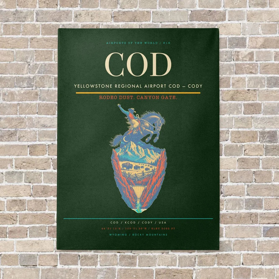 Yellowstone Regional Airport COD — Cody vertical canvas print - no frame - dark green background