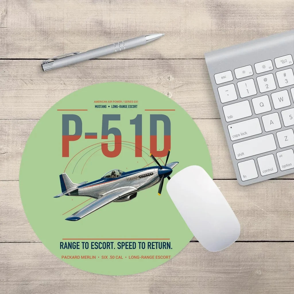 P-51D Mustang design on light green round mouse pad