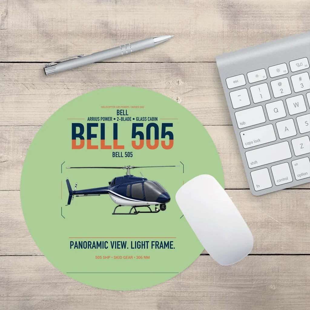 Bell 505 design on light green round mouse pad