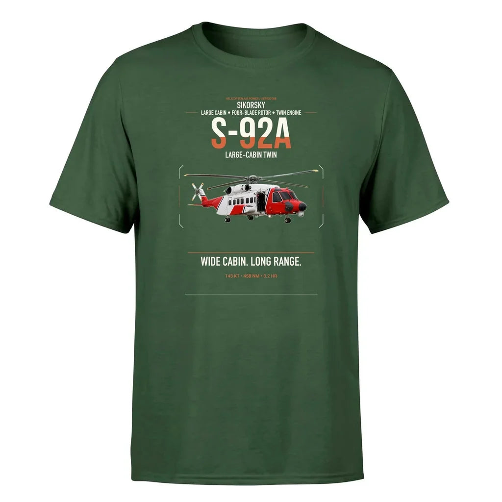 Sikorsky S-92A design on dark green t-shirt, single-side print