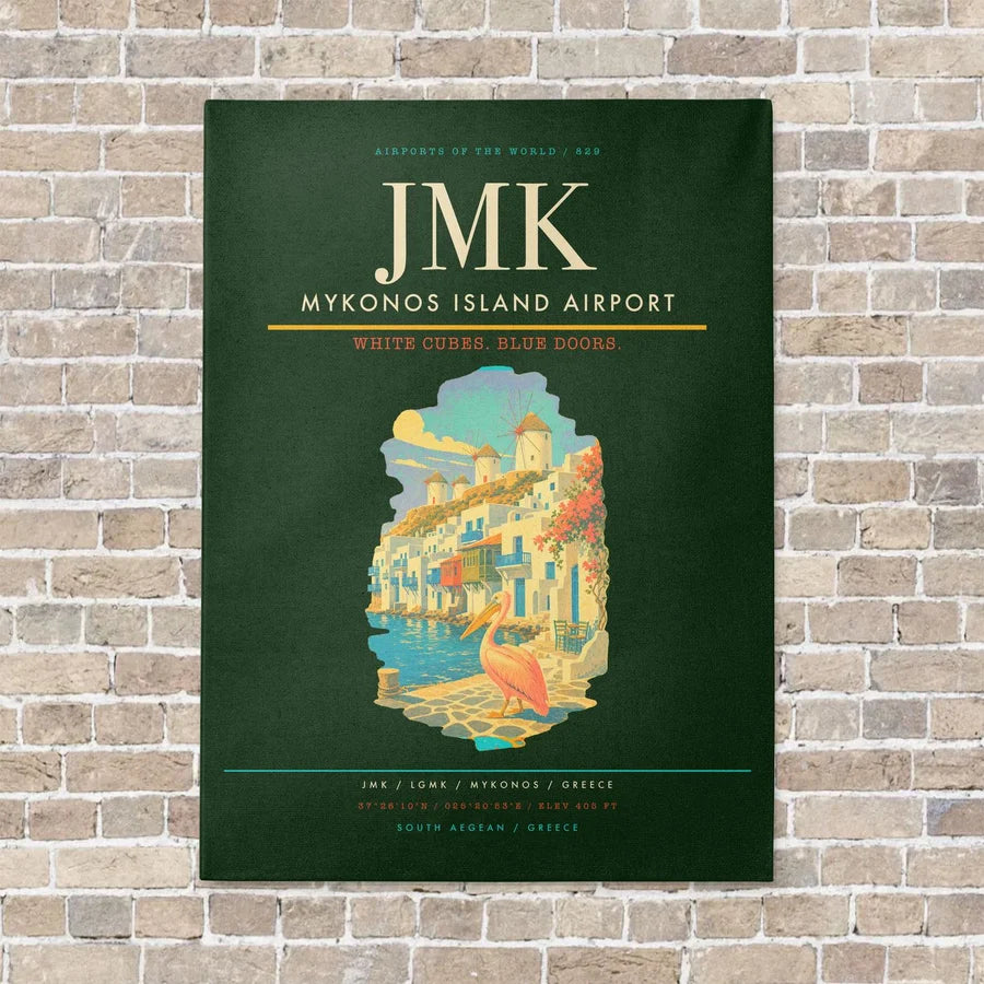 Mykonos Island Airport JMK vertical canvas print - no frame - dark green background