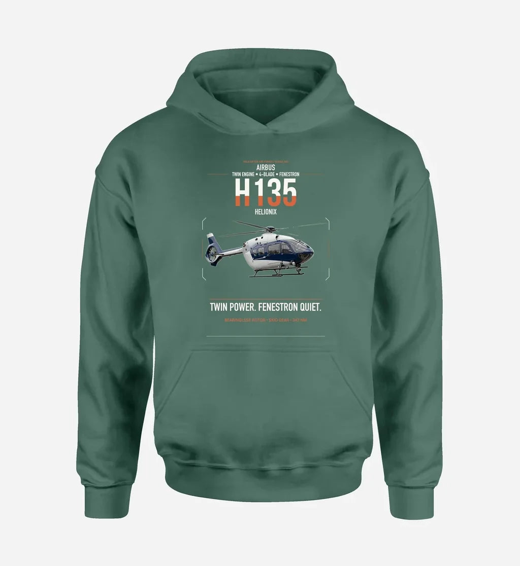Airbus H135 design on green double-side hoodie, single-side print
