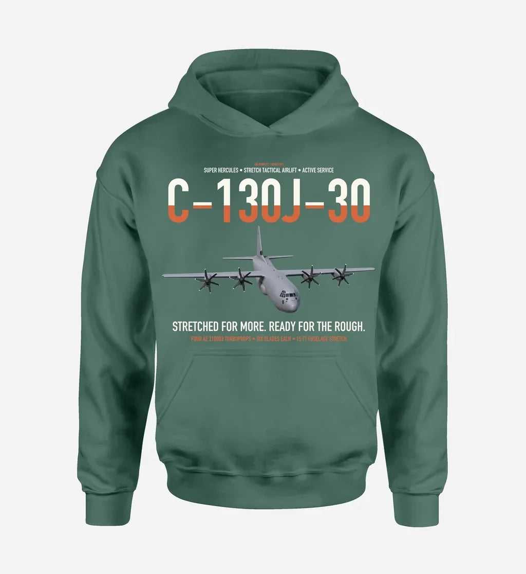 C-130J-30 Super Hercules design on green double-side hoodie, single-side print