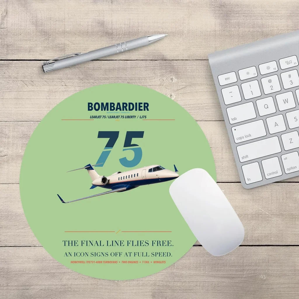 Bombardier Learjet 75 Liberty design on light green round mouse pad