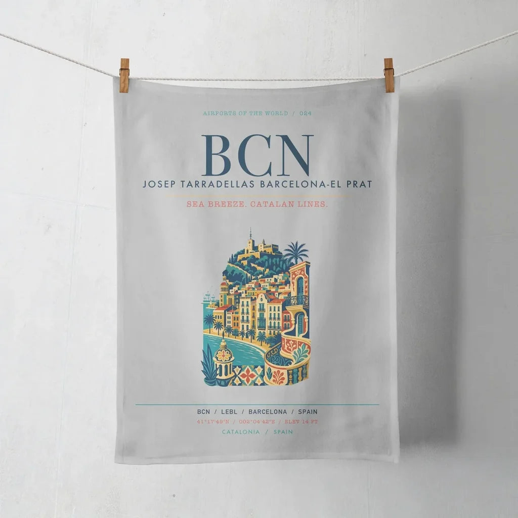 Josep Tarradellas Barcelona-El Prat Airport (BCN) design on light gray towel