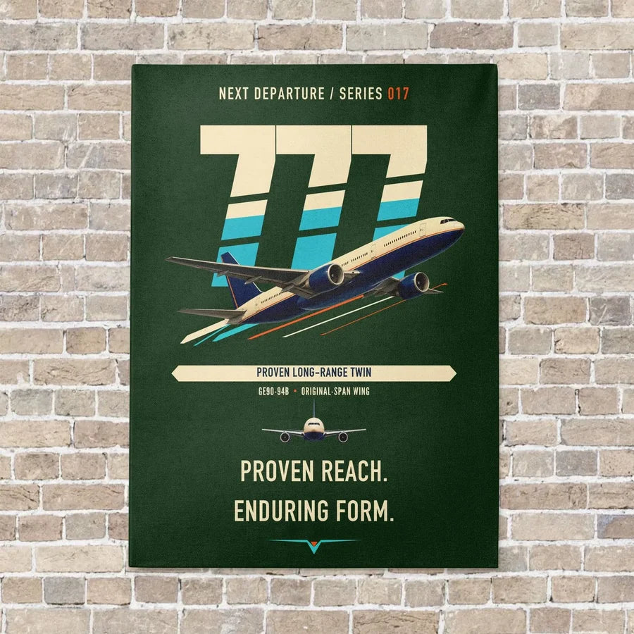 Boeing 777-200ER vertical canvas print - no frame - dark green background