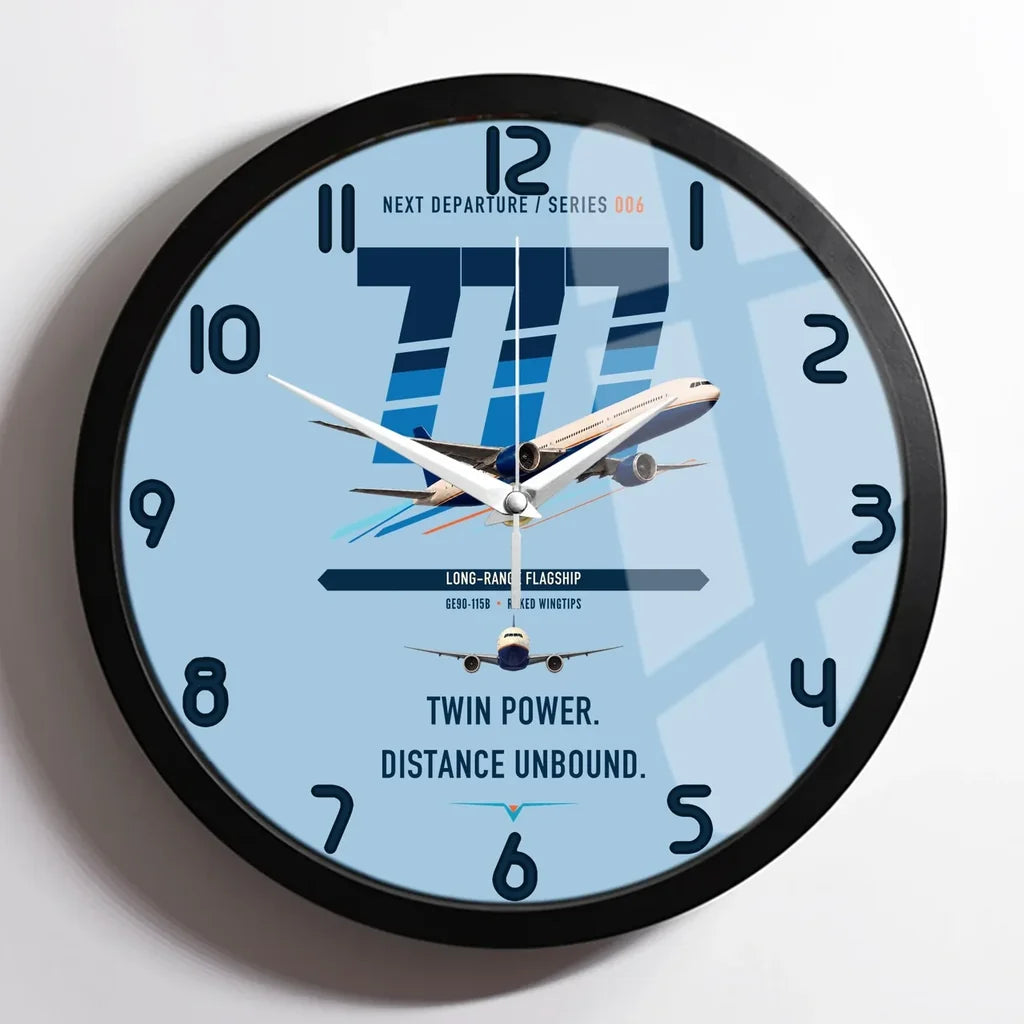 Boeing 777-300ER design on light blue framed wall clock