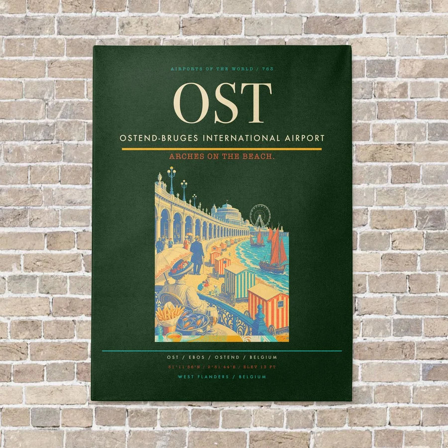Ostend-Bruges International Airport OST vertical canvas print - no frame - dark green background