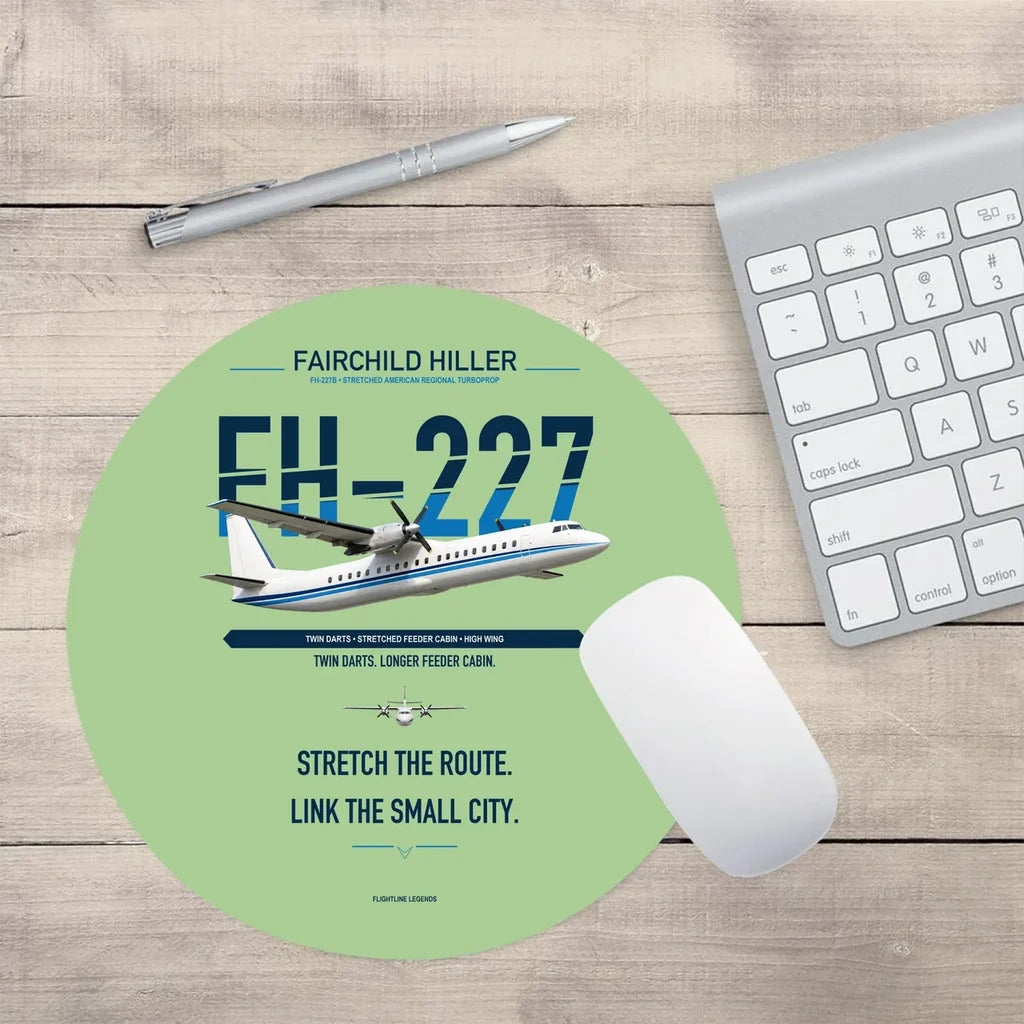 Fairchild Hiller FH-227B design on light green round mouse pad