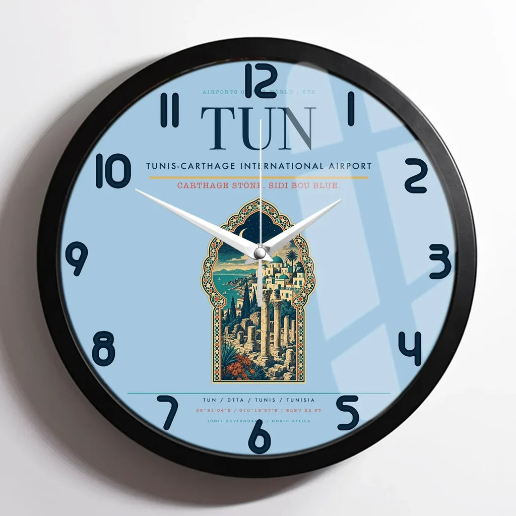 Tunis-Carthage International Airport (TUN) design on light blue framed wall clock