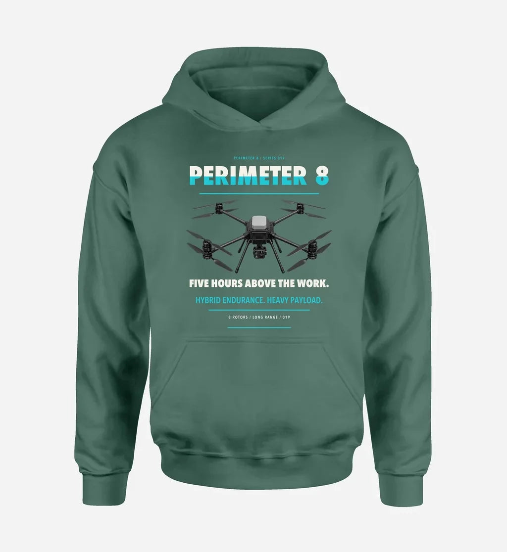 Skyfront Perimeter 8 design on green hoodie single side