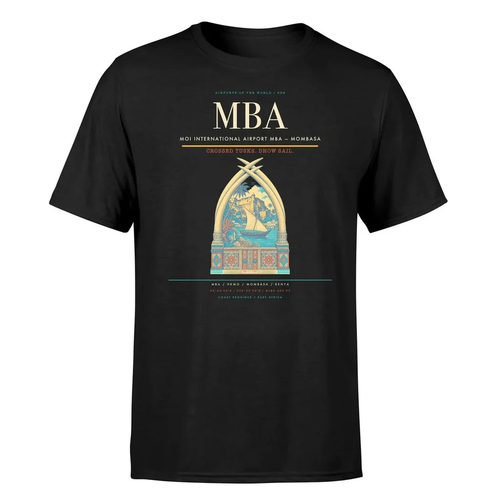 Moi International Airport (MBA) T-Shirt single-side front print in Black | moi-international-airport-mba-double-side-t-shirt