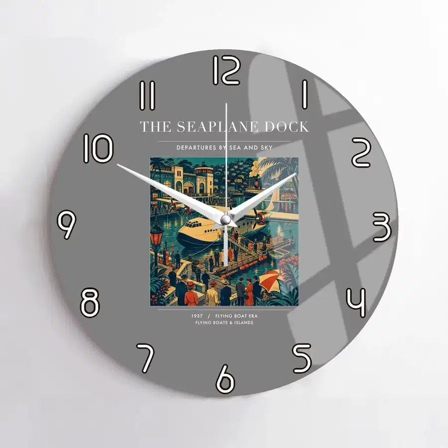 VINTAGE G4056 - The Seaplane Dock - Designed Wall Clocks design on gray no-frame